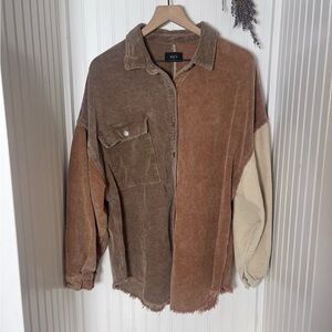 Vici Colorblock Corduroy Shirt Jacket in Brown, Tan & Cream